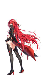 Rule 34 | 1girl, ass, black boots, black gloves, black shirt, black shorts, black thighhighs, boots, braid, cape, closers, crop top, from behind, full body, gloves, hand on own hip, high heel boots, high heels, highres, long hair, long sleeves, looking at viewer, looking back, mask, micro shorts, midriff, mouth mask, official art, red eyes, red hair, seth (closers), shirt, shorts, simple background, solo, standing, thigh boots, thighhighs, very long hair, white background
