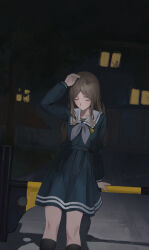 Rule 34 | 1girl, absurdres, airool, arm at side, arm support, arm up, bang dream!, bang dream! it&#039;s mygo!!!!!, black serafuku, black socks, brown hair, building, buttons, chinese commentary, closed eyes, closed mouth, collarbone, commentary request, dark background, feet out of frame, glowing windows, grey neckerchief, hand on own head, highres, kneehighs, leaning on object, long hair, long sleeves, nagasaki soyo, neckerchief, night, outdoors, parted bangs, partial commentary, road, sailor collar, school uniform, serafuku, shadow, sidelocks, silhouette, smile, socks, tsukinomori school uniform, white sailor collar, window, winter uniform