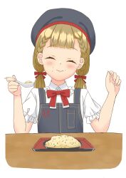 1girl :i ^_^ absurdres apron beret black_apron black_hat blush bow bowtie braid brown_hair center-flap_bangs chinese_spoon closed_eyes collared_shirt commentary_request eating facing_viewer food fried_rice frilled_shirt_collar frilled_sleeves frills hachiban_ramen hachiban_ramen_uniform hat highres hot_plate kachimachi_kosuzu link!_like!_love_live! long_hair love_live! low_twintails official_alternate_costume red_bow red_bowtie shirt short_sleeves side_braids simple_background smile solo twintails virtual_youtuber white_background white_shirt yuki_tomosa_ngo