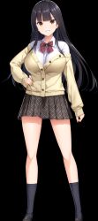 1girl ankle_socks arm_at_side black_hair black_socks blunt_bangs bow bowtie breasts brown_eyes cardigan cleavage clenched_teeth diagonal-striped_bow diagonal-striped_bowtie diagonal-striped_clothes game_cg girls_frantic_clan hand_on_own_hip higaki_eiko highres large_breasts long_hair long_sleeves looking_at_viewer non-web_source official_art plaid_clothes plaid_skirt pleated_skirt red_bow red_bowtie school_uniform shirt sidelocks skirt smile socks solo sprite striped_clothes teeth white_shirt yaegashi_nan yellow_cardigan