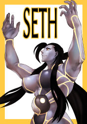 1girl absurdres black_hair breasts character_name colored_skin female_seth_(street_fighter) fukamichi_ran&#039;ou grey_skin hair_rings highres large_breasts long_hair metal_skin muscular muscular_female neon_trim single_hair_ring smile solo street_fighter street_fighter_v very_long_hair yellow_eyes yin_yang
