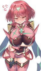 1girl black_gloves blush breasts chest_jewel core_crystal_(xenoblade) cowboy_shot earrings gloves highres huge_breasts jewelry meipasuye pyra_(xenoblade) red_eyes red_hair red_shorts short_hair shorts simple_background solo tiara white_background xenoblade_chronicles_(series) xenoblade_chronicles_2