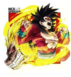 black_hair blonde_hair body_fur dougi dragon_ball dragon_ball_gt golden_oozaru highres long_hair male_focus monkey_boy monkey_tail muscular muscular_male nickelespektro oozaru open_mouth pants pectorals saiyan sharp_teeth son_goku spiked_hair super_saiyan super_saiyan_4 tail teeth