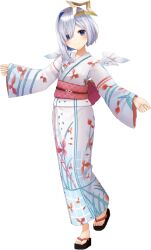 1girl amane_kanata angel angel_wings blue_eyes geta halo hololive japanese_clothes kimono medium_hair multicolored_hair official_art solo virtual_youtuber white_hair wings yukata