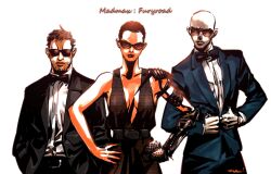 Rule 34 | 1girl, 2boys, archived source, bad id, bad tumblr id, bald, beard stubble, belt, black jacket, dress, facial hair, formal clothes, hands on own hips, imperator furiosa, jacket, kotteri, looking at viewer, mad max, mad max: fury road, max rockatansky, multiple boys, neck ribbon, nux (mad max), ribbon, shirt, short hair, simple background, stubble, suit, sunglasses, watch, white background, white shirt, wristwatch