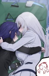 1boy 2girls absurdres black_jacket blazer blue_archive blush breasts commentary_request doodle_sensei_(blue_archive) grey_hair hair_ornament heart highres hug indoors inset jacket korean_commentary large_breasts long_hair lying multiple_girls noa_(blue_archive) okokorika on_side pov profile purple_hair sensei_(blue_archive) sleeping straight_hair unworn_hair_ornament very_long_hair white_jacket yuuka_(blue_archive)