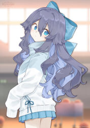 1girl artist_request blue_eyes blue_hair blurry blush bow commentary_request depth_of_field expressionless grey_hair hair_between_eyes hair_bow head_tilt highres jacket little_witch_nobeta long_hair looking_at_viewer looking_back multicolored_hair official_art pleated_skirt skirt sleeves_past_fingers sleeves_past_wrists solo tania_(little_witch_nobeta) track_jacket two-tone_hair