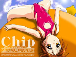 1girl 2000 artist_name ball brown_hair cameltoe chip chip-chan_kick! circle_name cleavage_cutout closed_mouth clothes_writing clothing_cutout cloud collarbone competition_swimsuit covered_collarbone covered_erect_nipples covered_navel dated day fat_mons female_focus flat_chest groin highleg highleg_one-piece_swimsuit light_smile loli long_hair looking_at_viewer low_twintails lying official_art on_back one-piece_swimsuit orange_eyes outdoors pink_one-piece_swimsuit puffy_pussy shadow shiny_skin side_cutout skin_tight sky smile solo spread_legs star_(symbol) swimsuit thighs turtleneck twintails upside-down watermark web_address yanagi_hirohiko