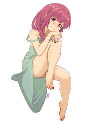 1girl bare_shoulders barefoot black_nails blush bocchi_the_rock! braid closed_mouth commentary dress english_commentary fang feet full_body green_dress hands_on_own_knee head_rest highres hiroi_kikuri invisible_chair knee_up legs long_hair looking_at_viewer nail_polish purple_eyes purple_hair side_braid simple_background sitting skin_fang sleeveless sleeveless_dress solo strap_slip thighs toenail_polish toenails toes treepxiv white_background