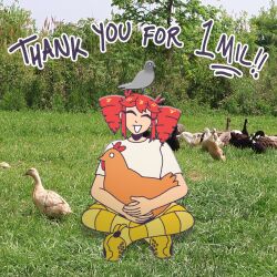 1girl animal animal_on_head bird bird_on_head birdbrain_(synthesizer_v) chicken crocs crossed_ankles drill_hair highres holding holding_animal holding_bird kasane_teto milestone_celebration on_ground on_head pantyhose photo_background pigeon red_hair sandals second-party_source shirt short_hair short_sleeves sidelocks sidoopa striped_clothes striped_pantyhose synthesizer_v twin_drills utau white_shirt