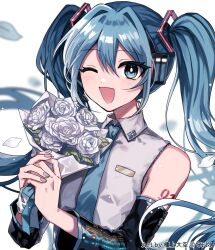 Rule 34 | 1girl, ;d, aqua necktie, arm tattoo, artist name, black sleeves, blue eyes, blue hair, blue nails, blush, bouquet, copyright notice, danjou sora, detached sleeves, dot nose, flower, grey shirt, hair between eyes, hair intakes, hatsune miku, highres, holding, holding bouquet, necktie, number tattoo, official art, one eye closed, open mouth, petals, shirt, smile, solo, tattoo, twintails, vocaloid, white background, white flower