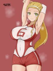 1girl armpits bike_shorts blonde_hair blush breasts closed_mouth girls_und_panzer green_eyes large_breasts long_hair looking_at_viewer ponytail presenting_armpit red_shorts sasaki_akebi shorts smile solo sportswear sweat unkai_daraku volleyball_uniform