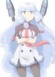 1girl akara_kai black_pantyhose blush breasts dress gloves grey_hair hair_ribbon headgear highres kantai_collection long_hair looking_at_viewer murakumo_(kancolle) murakumo_kai_ni_(kancolle) necktie orange_eyes pantyhose red_necktie ribbon sailor_dress solo thighband_pantyhose tress_ribbon