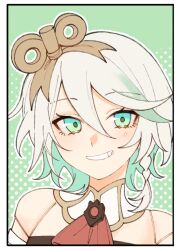 1girl ascot bare_shoulders border braid cecilia_immergreen cecilia_immergreen_(1st_costume) colored_inner_hair commentary detached_collar detached_sleeves doll_joints double-parted_bangs eyelashes flat_chest green_eyes green_hair green_theme grey_hair grin hair_between_eyes hair_ornament highres hololive hololive_english joints looking_at_viewer mittsu multicolored_hair polka_dot polka_dot_background portrait red_ascot short_hair side_braid smile solo strapless streaked_hair symbol-only_commentary upper_body virtual_youtuber white_sleeves winding_key