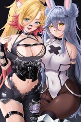 2girls animal_ears arm_strap artist_name asymmetrical_clothes bandaid bandaid_on_face bandaid_on_nose belt bipsygg black_background black_belt black_collar black_corset black_pants black_shirt black_sleeves blonde_hair blue_eyes breasts chain chest_belt cleavage closed_mouth collar corset cotton_noir covered_navel detached_sleeves diamond-shaped_pupils diamond_(shape) fang fishnets freckles green_nails grey_hair hair_between_eyes hair_ornament hand_on_another&#039;s_hip heart heart-shaped_pupils highleg highleg_panties highres indie_virtual_youtuber large_breasts leotard long_hair millennium_eye multicolored_hair multiple_girls navel obkatiekat obkatiekat_(2nd_costume) open_mouth panties pants pantyhose pink_hair ponytail second-party_source shirt single_pantsleg skin_fang smile symbol-shaped_pupils thigh_belt thigh_strap two-tone_hair underwear virtual_youtuber white_leotard x_hair_ornament yellow_eyes