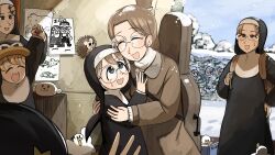 6+girls :d bird blonde_hair blue_eyes brown_coat brown_hair brunette_bangs_nun_(diva) chicken closed_eyes clumsy_nun_(diva) coat commentary diva_(hyxpk) duck english_commentary froggy_nun_(diva) glasses glasses_nun&#039;s_mother_(diva) glasses_nun_(diva) habit hedge hedgehog highres hug instrument_case little_nuns_(diva) mole mole_on_cheek multiple_girls nun open_mouth round_eyewear slice_of_life smile snow spicy_nun_(diva) star_nun_(diva) star_ornament strict_nun_(diva) traditional_nun