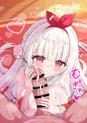 Rule 34 | 1boy, 1girl, after fellatio, bar censor, bow hairband, breasts, breasts out, censored, commentary request, commission, cum, cum on body, cum on breasts, cum on hair, cum on penis, cum on upper body, facial, flower knight girl, hairband, heart, heart in eye, hetero, highres, japanese clothes, kimono, large breasts, large variant set, long hair, looking at viewer, mumyou ishi, penis, penis grab, pov, pov crotch, red eyes, red hairband, red kimono, redbud hazel (flower knight girl), skeb commission, solo focus, sound effects, speech bubble, symbol in eye, testicles, variant set, veins, veiny penis, very long hair, white hair