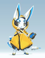 1boy 2018 absurdres animal_ears blue_eyeliner chinese_commentary cloak cloud_the_robot_rabbit colored_skin commentary electric_hearts english_commentary eyeliner full_body furry furry_male highres hood hooded_cloak joints krita_(medium) light_smile looking_at_viewer makeup open_mouth original parted_lips rabbit rabbit_boy rabbit_ears rabbit_tail robot robot_joints signature simple_background tail three_quarter_view tsurime tyson_tan v-shaped_eyebrows white_skin yellow_cloak yellow_eyes