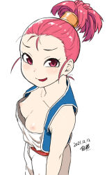 1girl baggy_pants bare_shoulders breasts collarbone dated dragon_quest dragon_quest_iii forehead hair_tubes high_ponytail light_blush long_hair looking_at_viewer looking_up merchant_(dq3) nipple_indents nipples open_mouth pants pink_hair ponytail signature simple_background small_breasts standing tsukudani_(coke-buta) vest white_background white_pants