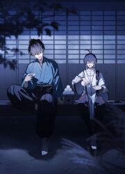 1boy 1other ahoge alcohol amulet androgynous black_hair black_hakama blue_kimono bottle bracelet braid closed_eyes cup dango fate/samurai_remnant fate_(series) food hair_intakes hakama holding holding_cup japanese_clothes jewelry kimono miyamoto_iori_(fate) ninjin_(ne_f_g_o) open_mouth sakazuki sake sake_bottle sanbou shouji sidelocks single_braid sitting sliding_doors smile topknot tsukimi_dango wagashi yamato_takeru_(fate)