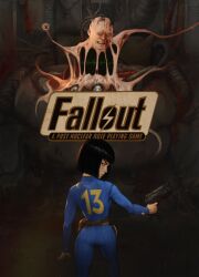 Rule 34 | 1girl, belt, black hair, bob cut, bodysuit, cable, copyright name, eyestalks, fallout, fallout 1, grey eyes, gun, handgun, highres, looking back, monster, the master (fallout), vankraut, vault dweller, vault suit, weapon