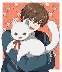 1boy alter_(mabinogi) alternate_costume animal animal_ear_fluff blue_shirt border brown_hair cat commentary_request double-parted_bangs frilled_sleeves frills hair_between_eyes highres holding holding_animal holding_cat korean_commentary long_sleeves mabinogi male_focus neck_ribbon open_mouth outside_border paw_print ray_(lthenray) red_ribbon ribbon shirt short_hair solo teeth upper_body upper_teeth_only white_border white_cat yellow_eyes
