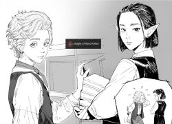 2boys aged_down astarion baldur&#039;s_gate baldur&#039;s_gate_3 bob_cut book cazador_szarr child dungeons_&amp;_dragons dungeons_&amp;_dragons earrings english_text holding holding_book jewelry looking_at_viewer multiple_boys pointy_ears short_hair spot_color theft tweedledraws
