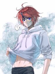 1boy ? ahoge black_pants black_streaks blue_eyes chinese_commentary clothes_lift cowboy_shot drawstring grey_background highres hood hoodie lifting_own_clothes male_focus multicolored_hair navel pants red_hair roiko7010 short_hair simple_background speech_bubble streaked_hair sumino_takumi sweat the_hundred_line_-last_defense_academy- two-tone_background white_background white_hoodie