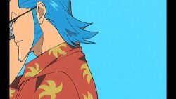 1boy animated animated_gif bare_pectorals blue_background blue_hair chain chain_necklace cleft_chin collarbone collared_shirt franky_(one_piece) grin hawaiian_shirt jewelry long_sideburns looking_at_viewer male_focus necklace one_piece pectorals pillarboxed qin_(7833198) red_shirt removing_eyewear shirt sideburns simple_background smile solo sunglasses upper_body