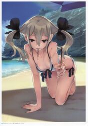 1girl absurdres all_fours barefoot beach beach_umbrella bikini black_bow blonde_hair blue_sky bow bow_bikini breasts brown_eyes cleavage cliff cloud collarbone day feet food food_in_mouth fukuda_tomonori hair_between_eyes hair_bow hair_ornament hair_ribbon highres holding holding_food holding_pocky incoming_food kneeling koujiro_frau long_hair looking_at_viewer mouth_hold ocean official_art open_mouth outdoors pocky pocky_in_mouth reaching reaching_towards_viewer ribbon robotics;notes sand seductive_smile shade sky small_breasts smile smug solo summer sweat sweatdrop swimsuit toes tree twintails umbrella water water_drop wet yellow_eyes