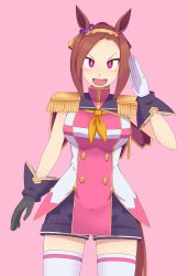1girl absurdres animal_ears black_gloves black_shirt breasts cowboy_shot gloves hairband highres horse_ears horse_girl horse_tail large_breasts neckerchief open_mouth pink_background pink_shirt sakura_bakushin_o_(umamusume) shirt short_shorts shorts sleeveless sleeveless_shirt smile solo soulmaster_uwu sweat tail thighhighs umamusume v-shaped_eyebrows white_shirt white_thighhighs yellow_neckerchief