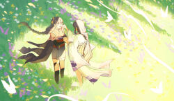 back bird black_thighhighs blunt_bangs blurry blush braid bridal_gauntlets clenched_teeth closed_eyes commentary crying depth_of_field english_commentary from_above from_behind from_side genshin_impact grass hair_ornament hair_ribbon hand_on_another&#039;s_face hands_up highres holding_hands japanese_clothes kimono long_hair long_sleeves low-tied_long_hair makoto_(genshin_impact) milkurew no_mole open_clothes outdoors purple_hair purple_kimono purple_ribbon raiden_shogun red_sash ribbon sash shade shadow short_sleeves siblings single_braid sisters smoke smoke_trail socks standing streaming_tears sunlight tears teeth thighhighs twins white_socks wide_sleeves wind wiping_tears