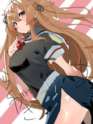 1girl adapted_costume black_shirt brown_eyes brown_hair hair_flaps heterochromia highres kantai_collection long_hair looking_at_viewer murasame_(kancolle) murasame_(round_one)_(kancolle) murasame_kai_ni_(kancolle) official_alternate_costume red_eyes shirt side_slit solo standing sunday_aki two_side_up