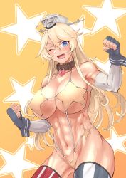 Rule 34 | 1girl, abs, ahoge, american flag legwear, arms up, bikini, blonde hair, blue eyes, blush, breasts, choker, cowboy shot, detached sleeves, female focus, fingerless gloves, gloves, gradient background, heart lock (kantai collection), highres, iowa (kancolle), kantai collection, large breasts, long hair, looking at viewer, mrdotd, muscular, muscular female, one eye closed, open mouth, solo, star-shaped pupils, star (symbol), star symbol background, string bikini, swimsuit, symbol-shaped pupils, thick thighs, thighhighs, thighs