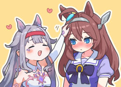 animal_ears blue_eyes blush bow brown_hair closed_eyes ear_bow ear_ornament ear_ribbon grey_hair headpat hololive hololive_english horse_ears horse_girl horse_tail jewel_under_eye kemonomimi_mode koseki_bijou mihono_bourbon_(umamusume) multicolored_hair ogawagawagaw purple_shirt sailor_collar sailor_shirt school_uniform shirt tail tracen_school_uniform tracen_training_uniform umamusume virtual_youtuber