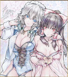2girls absurdres alternate_costume arm_around_shoulder babydoll blue_eyes blush bow braid breasts breasts_apart brown_hair cleavage commentary_request dated flower frilled_bow frilled_hair_tubes frills garter_straps green_bow grey_hair hair_bow hair_tubes hakurei_reimu highres izayoi_sakuya jewelry large_breasts lingerie long_hair maid_headdress midriff monety multiple_girls necklace open_clothes open_shirt pendant red_babydoll red_eyes shikishi signature smile thighhighs touhou traditional_media twin_braids underwear wrist_cuffs