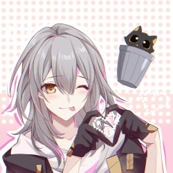 Rule 34 | 1girl, black cat, black coat, black gloves, cat, coat, gloves, grey hair, heart, heart hands, highres, honkai: star rail, honkai (series), looking at viewer, medium hair, open clothes, open coat, outline, polka dot, polka dot background, portrait, saint laurent paris, shirt, smile, solo, stelle (honkai: star rail), tongue, tongue out, trailblazer (honkai: star rail), trash can, white outline, white shirt, yellow eyes, yellow pupils