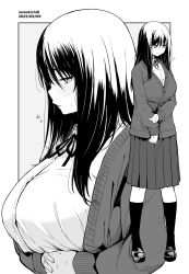 1girl artist_name breasts cardigan commentary_request dated full_body grey_background greyscale highres kichihachi large_breasts loafers long_hair monochrome original pleated_skirt shirt shoes skirt socks standing two-tone_background white_background