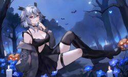 1girl absurdres asymmetrical_legwear black_boots black_choker black_dress black_thighhighs blue_flower boots breasts candle choker cleavage dress eri11rie feather_hair flower forest grey_hair grey_jacket highres indie_virtual_youtuber jack-o&#039;-lantern jacket large_breasts nature night off_shoulder parted_lips pumpkin purple_eyes short_hair sidelocks solo strap thighhighs tree virtual_youtuber