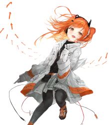1girl a.i._voice absurdres adachi_rei arrow_(symbol) belt black_pantyhose black_shirt blush breast_pocket cable chan1moon clenched_hand flat_chest floating_hair foot_out_of_frame gloves grey_skirt hair_ribbon hashtag-only_commentary headlamp highres jacket leaning_to_the_side long_sleeves looking_at_viewer open_clothes open_jacket open_mouth orange_belt orange_eyes orange_hair outstretched_hand pantyhose pocket radio_antenna ribbon shirt shoes side_ponytail skirt sneakers solo standing teeth upper_teeth_only utau white_background white_gloves white_jacket white_ribbon white_shoes