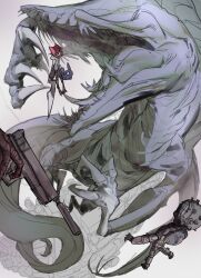 1girl 2others 74r0l9 absurdres animal_ears brown_gloves brown_pants cat_ears claws commentary english_commentary gloves gun highres holding holding_gun holding_sword holding_weapon hood hoodie monster multiple_others original pants pink_hair sharp_teeth short_hair sword teeth weapon white_hoodie