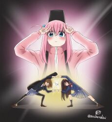3girls black_pantyhose black_socks blazer blue_jacket blue_ribbon blue_skirt bocchi_the_rock! bow bowtie brown_eyes brown_footwear brown_hair closed_mouth crossover cube_hair_ornament flower fusion_dance gotoh_hitori guitar_case hair_between_eyes hair_ornament hair_over_eyes hairclip highres hirasawa_yui hitori_bocchi hitoribocchi_no_marumaru_seikatsu instrument_case instrument_on_back jacket k-on! kneehighs loafers long_hair long_sleeves looking_at_viewer multiple_crossover multiple_girls neck_ribbon one_side_up open_mouth pantyhose pink_flower pink_hair pink_jacket pink_track_suit pleated_skirt red_bow red_bowtie red_eyes ribbon s_subarashiimi sakuragaoka_high_school_uniform school_uniform shirt shoes short_hair signature skirt socks swept_bangs teeth track_suit trait_connection upper_teeth_only white_shirt zipper