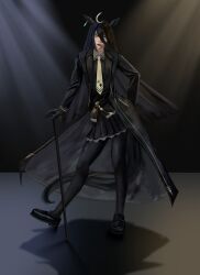 Rule 34 | 1girl, absurdres, ahoge, animal ears, belt, black belt, black gloves, black hair, black pantyhose, black shirt, black shoes, black skirt, cane, collared shirt, ear tag, earrings, gloves, hair between eyes, highres, holding, holding cane, horse ears, horse girl, horse tail, jewelry, lips, long hair, long hair between eyes, long sleeves, manhattan cafe (umamusume), multicolored hair, necktie, pantyhose, pleated skirt, shirt, shoes, single earring, skirt, solo, stage lights, tail, thefatum, umamusume, very long hair, white hair, yellow eyes, yellow necktie