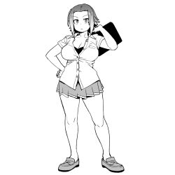 Rule 34 | 1girl, bag, bra, bra peek, breasts, cleavage, closed mouth, collarbone, collared shirt, commentary request, dress shirt, flipped hair, full body, greyscale, hand on own hip, hand up, highres, holding, holding bag, kasamaru aoi, large breasts, loafers, miniskirt, monochrome, onsen tamago (hs egg), partially unbuttoned, pleated skirt, ruri no houseki, school uniform, shirt, shoes, short hair, short sleeves, sidelocks, simple background, skirt, solo, standing, underwear, white background