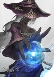 1girl absurdres artist_logo artist_name bare_shoulders black_dress breasts casting_spell cleavage closed_mouth collarbone commentary covered_eyes dark-skinned_female dark_skin dress elden_ring elden_ring_nightreign english_commentary hat hat_over_eyes highres holding holding_staff large_breasts large_hat logo long_hair magic off_shoulder open_hand purple_hat purple_sleeves recluse_(elden_ring) salmonviz simple_background solo staff twitter_username very_dark_skin very_long_hair white_background white_hair wide_sleeves witch_hat wooden_staff