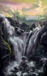 1girl absurdres barefoot black_hair choker closed_eyes dougi female_focus glv highres huge_filesize lotus_position makoto_(street_fighter) meditation mountaintop nature plantar_flexion ribbon_choker scenery short_hair sitting solo street_fighter street_fighter_iii_(series) tomboy water waterfall wet