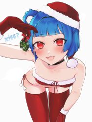 1girl :3 :d absurdres animal_ear_fluff animal_ears arm_up bare_shoulders bear_ears bear_girl bent_over bikini black_choker blue_hair blunt_bangs blunt_ends blunt_sidelocks blush bob_cut borrowed_character bow breasts choker christmas collarbone commentary cowboy_shot dot_nose english_commentary english_text eyebrows_hidden_by_hair fang fur-trimmed_bikini fur-trimmed_gloves fur-trimmed_headwear fur_trim gloves gris_(vertigris) hair_intakes half-closed_eyes half_updo hand_on_own_knee hat head_tilt highres holding holding_mistletoe incoming_kiss leaning_forward legs_together long_eyelashes looking_at_viewer mistletoe narrowed_eyes new_year open_mouth original pom_pom_(clothes) raised_eyebrows raised_inner_eyebrows red_bikini red_bow red_eyes red_gloves red_hat red_thighhighs santa_bikini santa_costume santa_hat short_hair side-tie_bikini_bottom sidelocks simple_background skin_fang skindentation small_breasts smile snirche8_8 solo sparkling_eyes strapless strapless_bikini string_bikini swimsuit talking thick_eyelashes thigh_gap thighhighs thighs tilted_headwear tsurime white_background white_trim