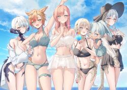 6+girls animal_ears aqua_one-piece_swimsuit au_ra bare_shoulders bikini bikini_skirt black_bikini black_eyes blonde_hair blue_bikini blue_eyes breasts brown_hair cat_ears cat_girl cat_tail cleavage cup dragon_girl dragon_horns dragon_tail drill_hair drill_sidelocks drinking_glass facial_mark final_fantasy final_fantasy_xiv green_eyes grey_eyes grey_hair hat heterochromia highres holding holding_cup horns hyur khr_39 lalafell miqo&#039;te multicolored_hair multiple_girls navel one-piece_swimsuit pointy_ears ponytail purple_eyes red_hair sarong scales short_hair sidelocks stomach streaked_hair sun_hat swimsuit tail twitter_username warrior_of_light_(ff14) whisker_markings white_bikini
