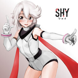1girl breasts character_name copyright_name elbow_gloves gloves gradient_background hair_between_eyes hair_intakes hand_up highres index_finger_raised legs_apart leotard minamoto80486 open_mouth outstretched_arm short_hair shy_(character) shy_(series) small_breasts solo standing white_eyes white_gloves white_hair white_leotard