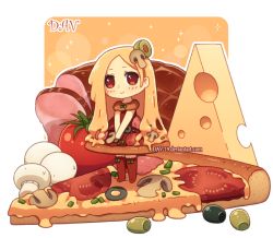 1girl artist_name blonde_hair blush brown_dress brown_eyes brown_thighhighs cheese chibi closed_mouth dav-19 dress female_focus food food-themed_clothes full_body ham head_tilt in_food lace_background long_hair looking_at_viewer mushroom no_shoes olive original own_hands_together personification pizza pizza_slice sleeveless sleeveless_dress smile solo standing swiss_cheese thighhighs tomato transparent_background v_arms very_long_hair watermark web_address